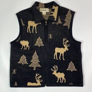 Vintage Lisa International Northwoods Elk Gray Tan Wool Full Zip Vest Medium
